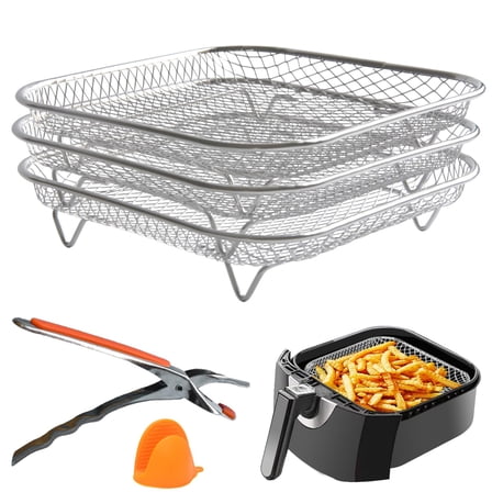 3pcs Air Fryer Rack Stackable Set(Square), 304 Stainless Steel Mesh Baskets. Air Fryer Accessories for Cosori, Instant Vortex, Chefman Airfryer, Ninja Foodi Grill