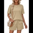 thumbnail image 3 of Conjunto de Dos Piezas de Pantalones Cortos A Juego para Mujer, de Punto, con Bolsillos, Cuello Redondo, Corta y Verano. Caqui S, 3 of 10