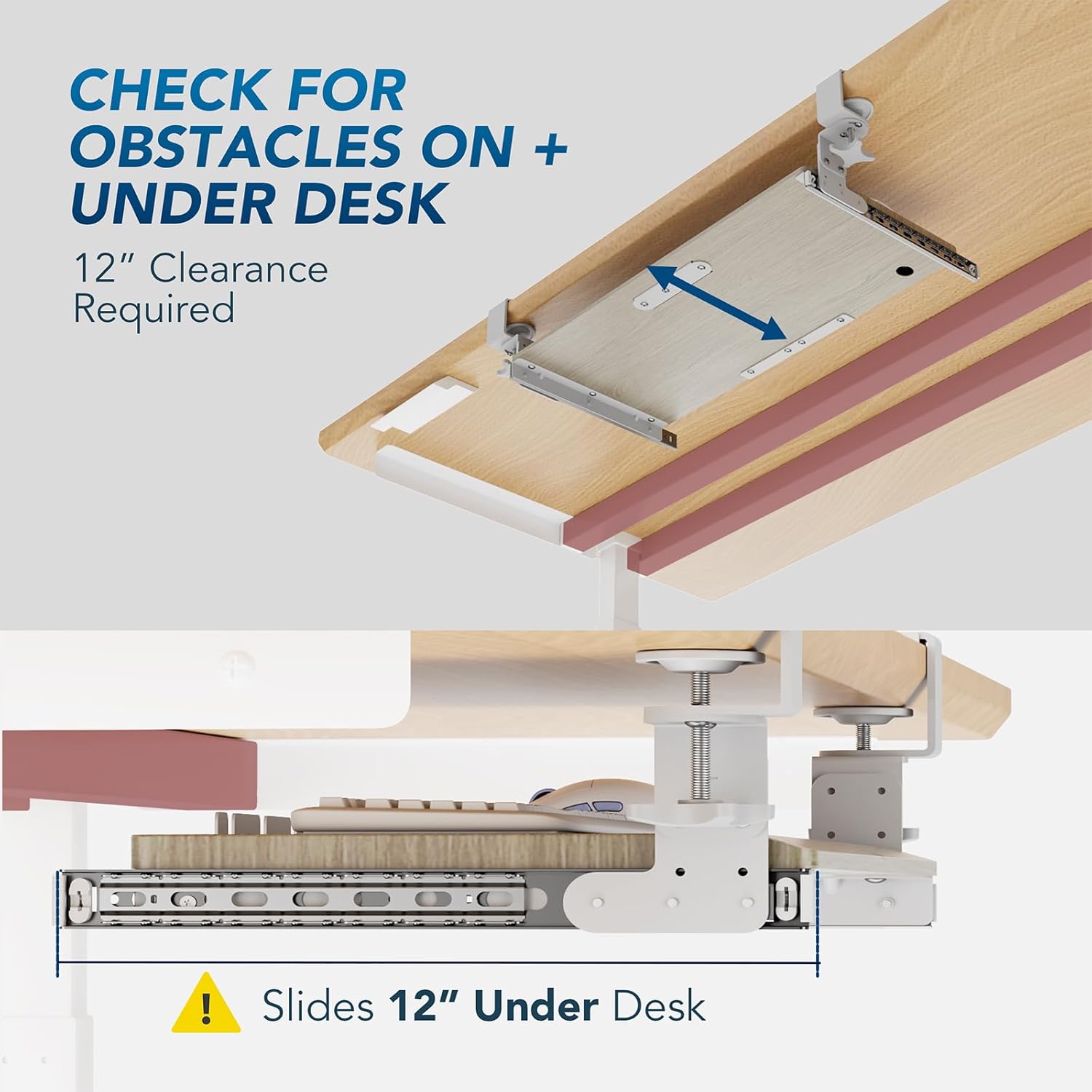 Under Desk Pull Out Keyboard Tray with Sturdy C Clamp Mount System, 27.3 x 11 Inch Slide-Out Platform Computer Drawer for Typing