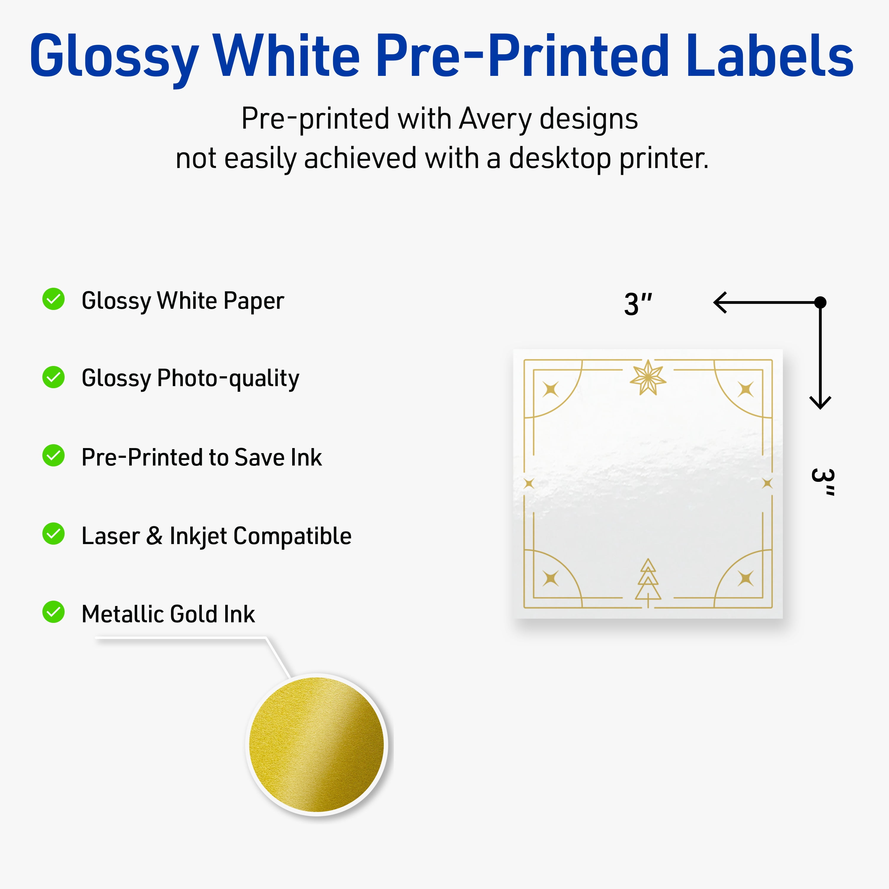 Avery Labels, 3" x 3", Gold-White Christmas Trees, Glossy, 60ct