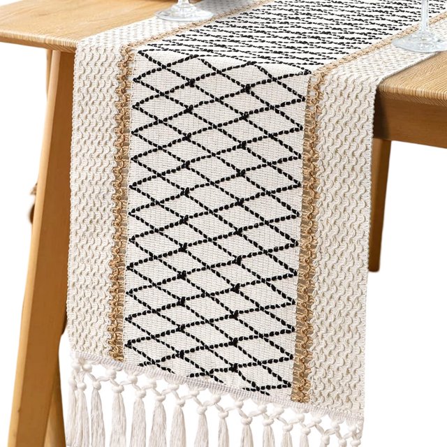 Camino de mesa rústico de 72 pulgadas de largo con borlas para decoración del hogar, estilo granja, de arpillera de macramé color crema y marrón, decoración de mesa otoñal para sala de estar,