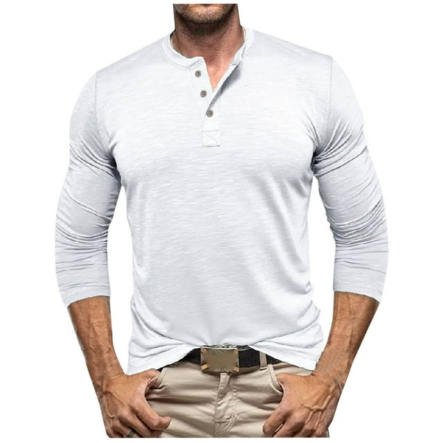 pstuiky camisa de manga larga para hombre, Camisas casuales de color liso con botones y manga larga y cuello redondo para hombre salir tops m