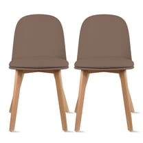 Set of 2 Armless Plastic Dining Chair Wood Legs for Dining Room Plastic Molded Seat With Cushion, Brown