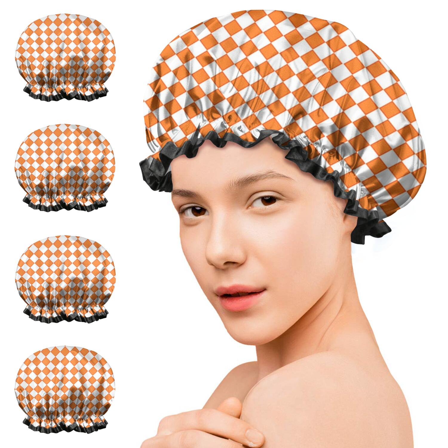 Shower Caps,Orange and White Diamond Pattern Waterproof Shower Cap for Women 4 Pieces,Double Reusable Hair Cover for Shower PEVA Elastic Stretch Hem