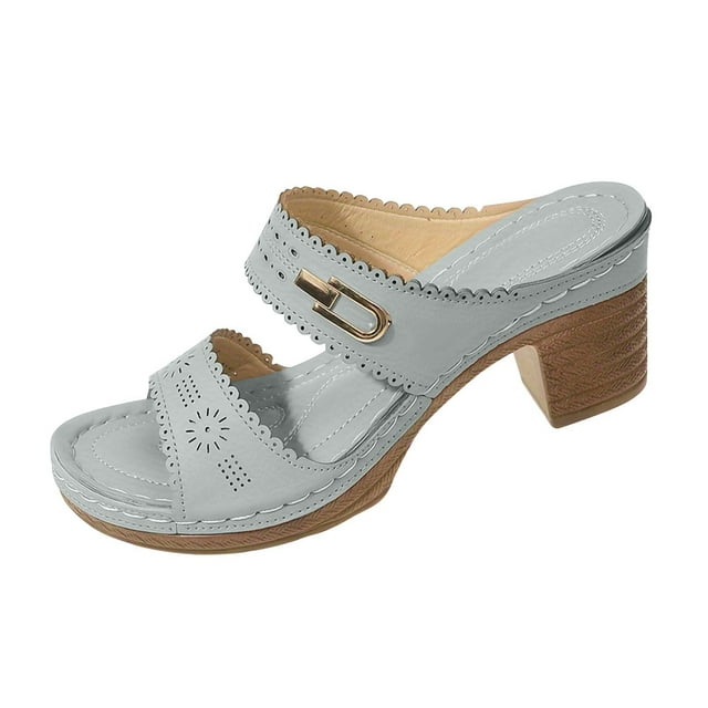 Womens Summer Shoes Peep-Toe Thick Heel Cushioned Slides