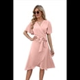 thumbnail image 3 of Vestido Cruzado para Mujer, Cuello en V, Corta, Lazo en la Cintura, Volantes, Abertura, Vestido Informal Midi, Rosa, Talla L, 3 of 9