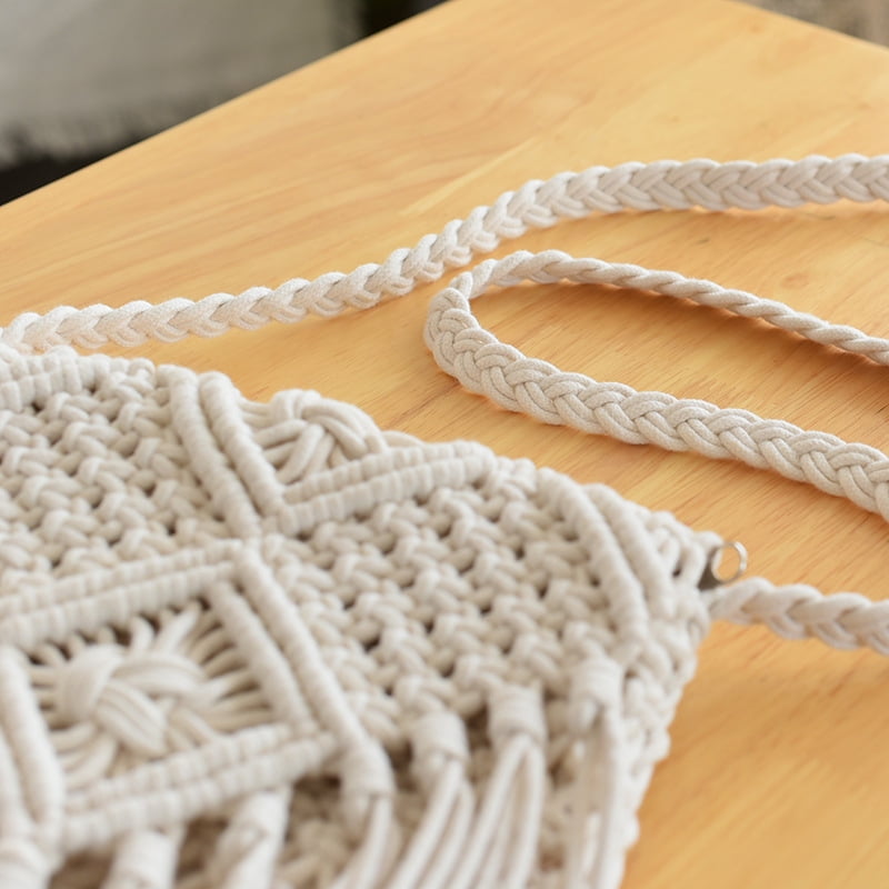 Handwoven Cotton Straw Shoulder Bag Crochet Tassel Beach Bohemian Purse for Women Mini Bag white