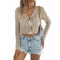 thumbnail image 2 of Women'S Light-Weight Shrugs Crochet Sweaters Tie Front 3/4 Sleeve Cropped Cardigan for Spring Summer Khaki S, 2 of 9