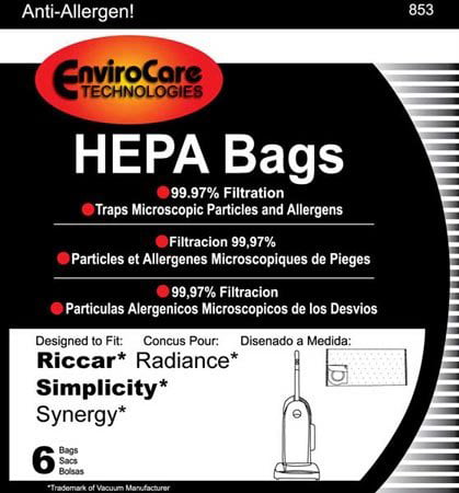 Riccar Upright HEPA Bag 6 Pack Bags Type X Radiance; Simplicity Synergy 