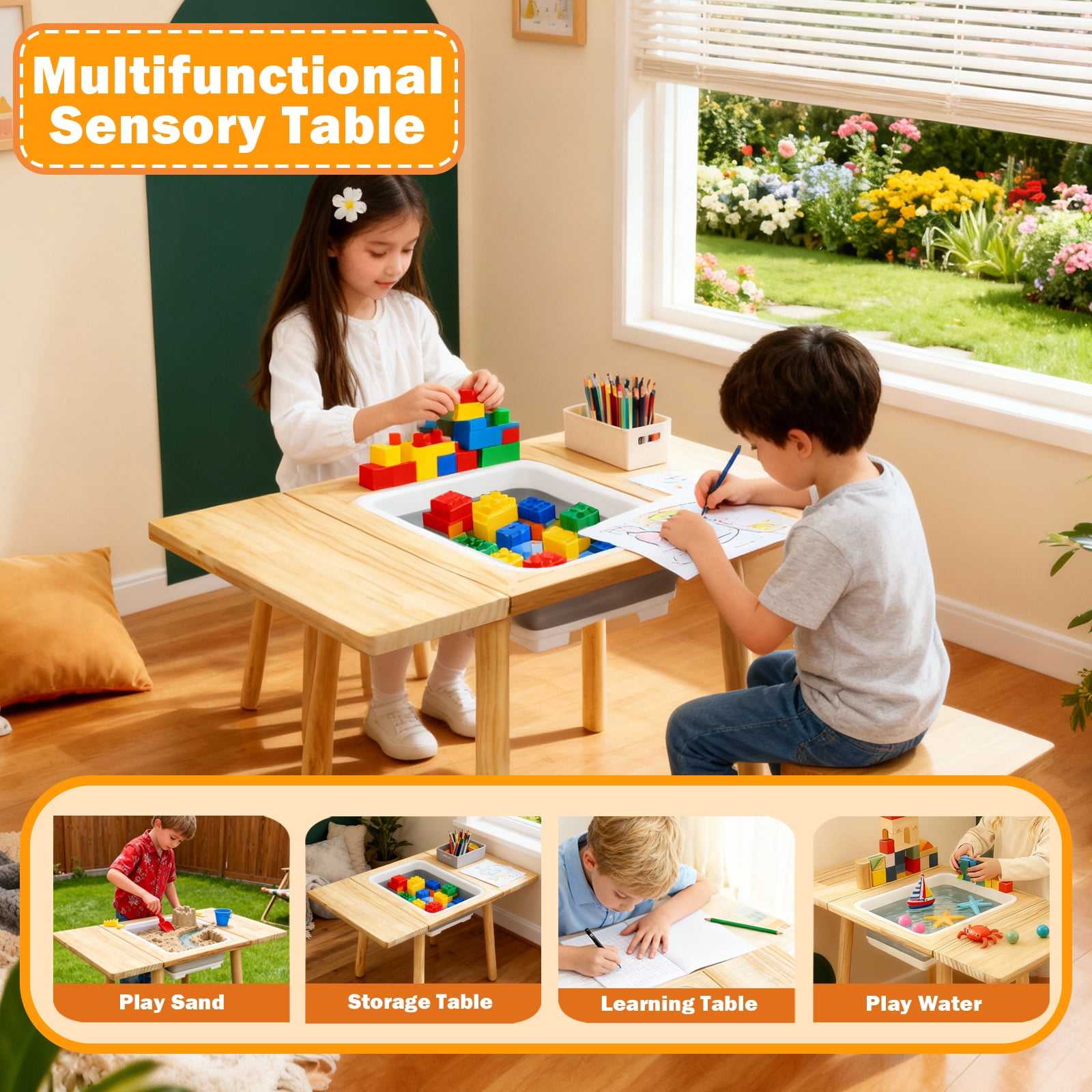Blingluck Wooden Sensory Table with Flip-Adjustable Desktop, Storage Bins, for Toddlers 1-3