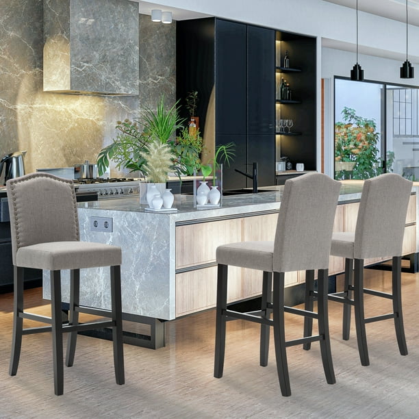 Full Back Fabric Upholstered Gray Bar Stool with Nailhead Trim, Set of