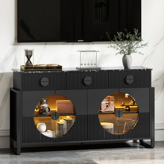 LGHM 62" Large Sideboard Buffet Cabinet with LED Lights, Modern Accent Cabinets Coffee Bar Cabinet with Faux Marble Top & Glass Door, Black