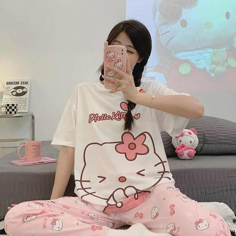 Sanrio Hello Kitty Cartoon Women's Pajamas Kawaii Anime Kt Round Neck Sweet  Short Sleeved Pants Home Wear Cute Birthday Gifts