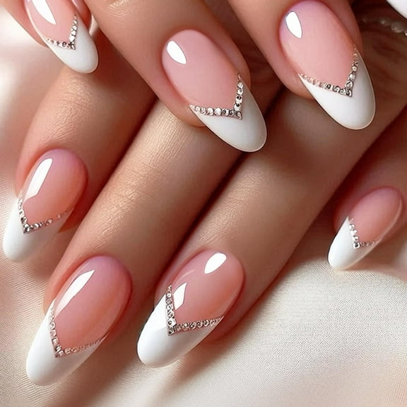 24Pcs French Press on Nails Almond Fake Nails with Bow Pearl Design Pink French Tip False Nails Cute Pink Press on French Nail Tips Glossy Artificial Nails Acrylic Stick on Nails for Women Manicure