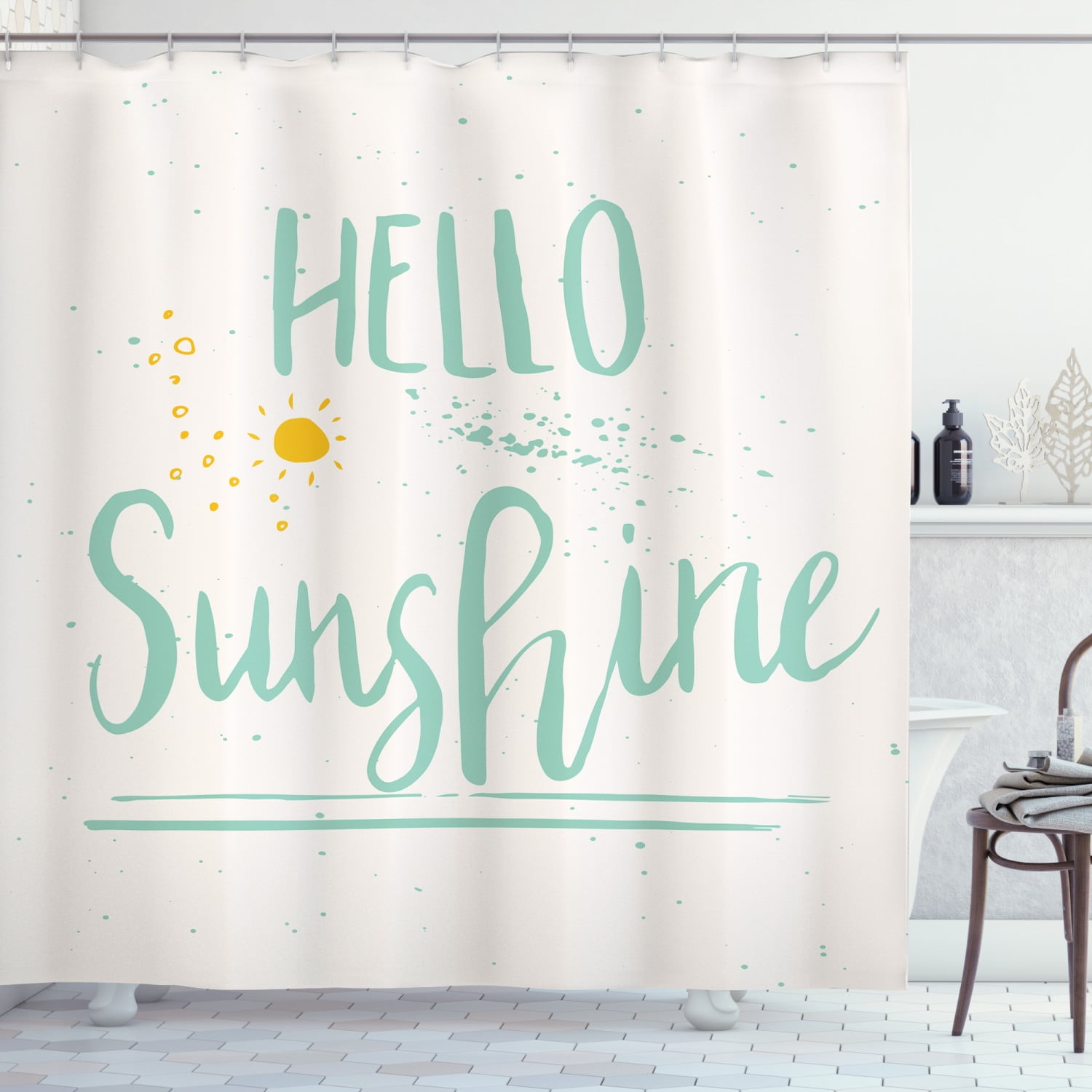 Hello Sunshine Shower Curtain, Lettering Design with Sun Motif