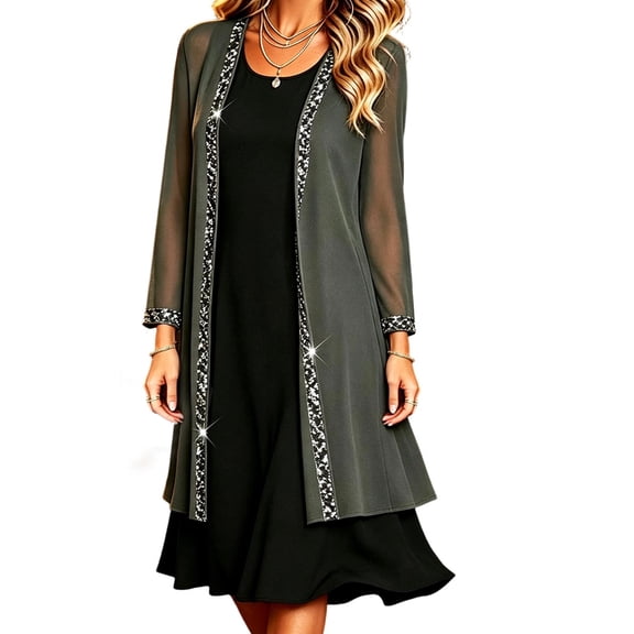 Cekizud Womens Cardigan Long Sleeve Chiffon Open Front Rhinestone Trim Party Outerwear Tops, S-3XL