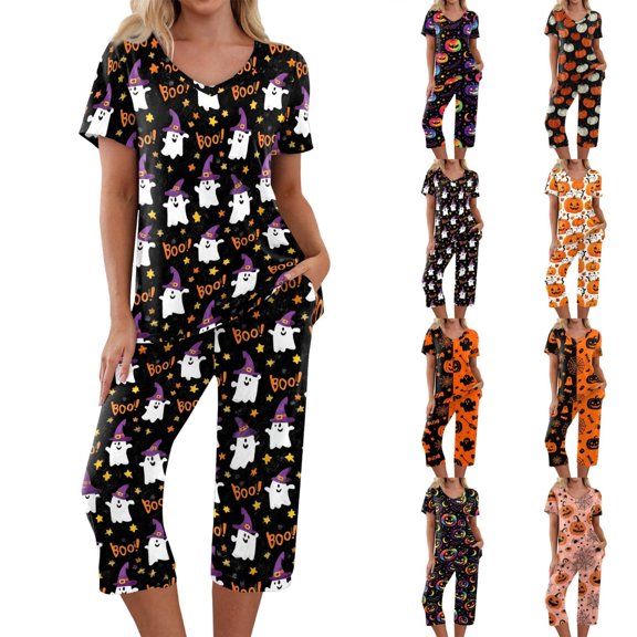 Women's Halloween Loungewear Set Short Sleeve Crew Neck Top and Capri Pants with Pockets All Over Ghost Pattern Breathable Soft Pajama Set for Daily Casual Wear Black L