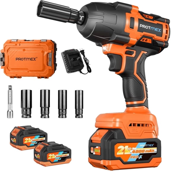 Protmex 1200N.m Cordless Impact Wrench Brushless 1/2" High Torque 2x 4.0Ah Batteries Power Impact Gun for Car Truck Repair