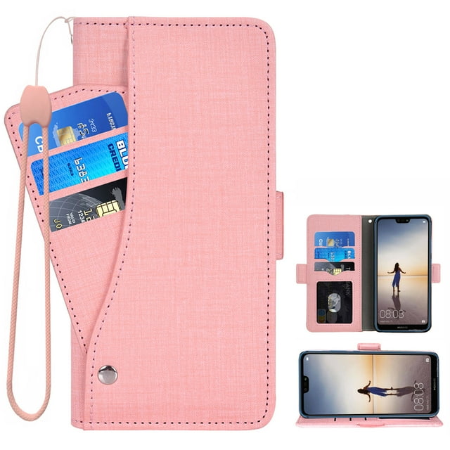 Huawei P20 Lite Wallet Case Huawei P20 Lite Cover Premium PU Leather Folio Flip Notebook Cover Vogue Business with Credit Slots Wallet Case for Huawei P20 Lite - Pink