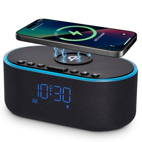 Odokee Radio Despertador de Carga Inalámbrica: Cargador Inalámbrico Rápido Certificado Qi para iPhone Samsung - Altavoz Bluetooth Estéreo de 10W - Reloj Digital Regulable con Radio FM para Dormitorio