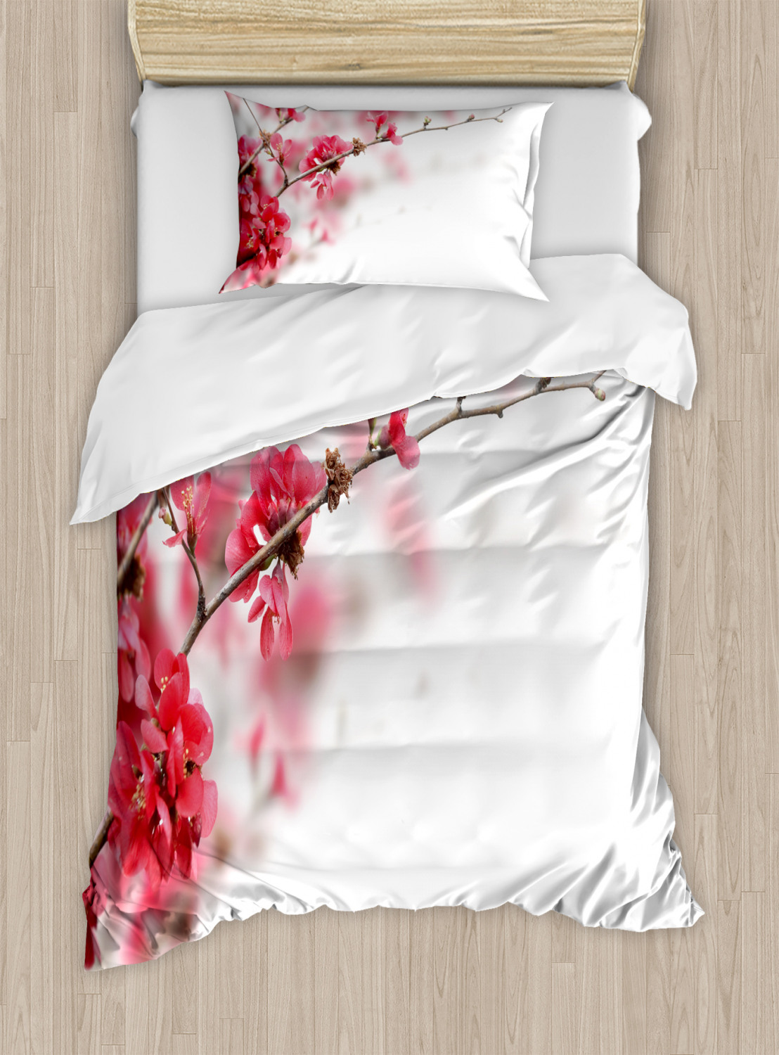 Spring Duvet Cover Set, Nature Beauty Cherry Blossom Branches Misty