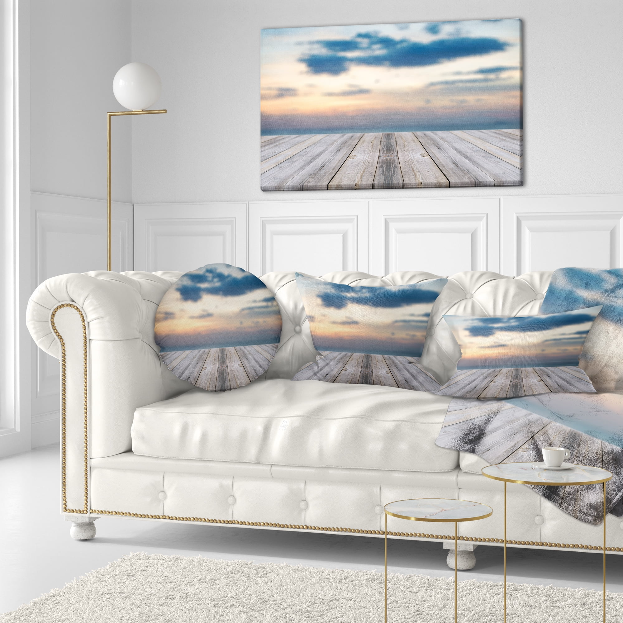 Designart Wooden Board at Sunset Seashore - Modern Throw Pillow - 12x20