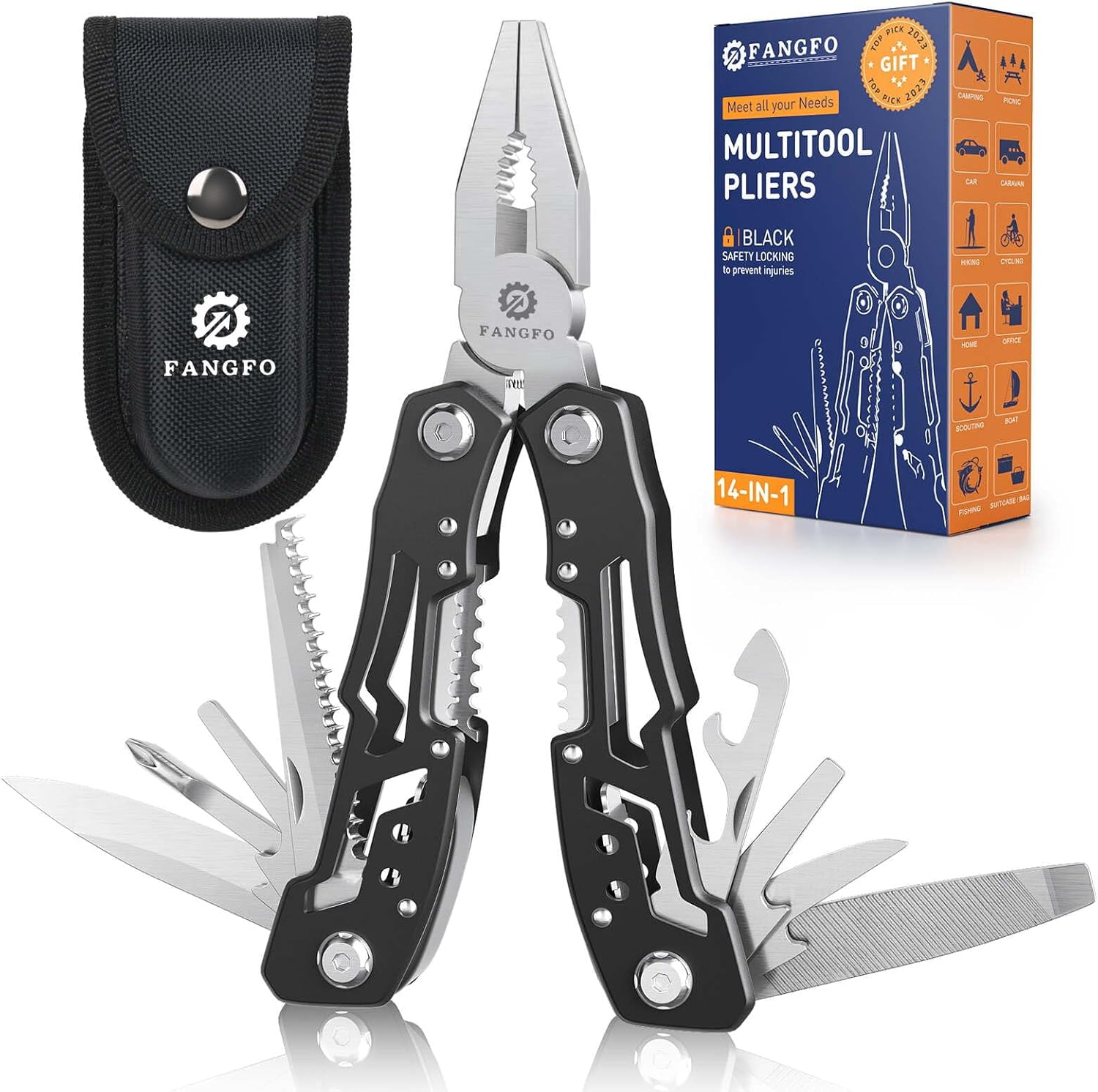 HRTGFD-14-In-1 Multitool with Safety Locking, Professional Stainless Steel Multitool Pliers Pocket Knife, Bottle Opener, Screwdriver with Nylon Sheath Apply to Survival,Camping, Hunting and Hiking 1
