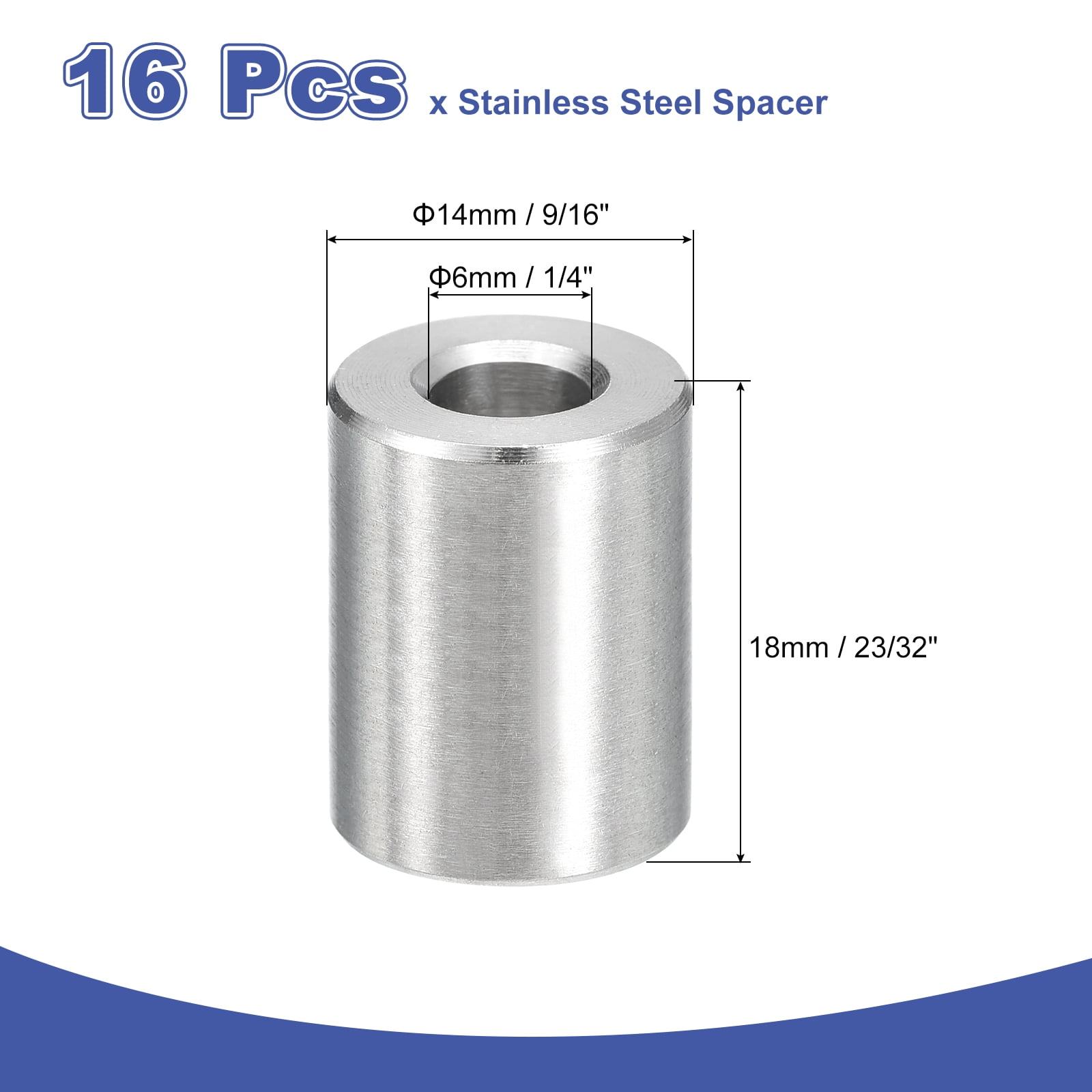 16Pcs 304 Stainless Steel Spacer 9/16" OD x 1/4" ID x 23/32" Length(14x6x18mm) Screw Standoff Bushing Plain Finish Unthreaded Round Metal Spacer for M6 Screws Bolts and Rods