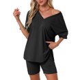 thumbnail image 1 of Pijamas para mujeres INSPIRE CHIC de 2 piezas, conjunto de camiseta de cuello en V oversized, traje reversible, camisetas, pantalones cortos de ciclista, conjunto de lounge M negro, 1 of 5