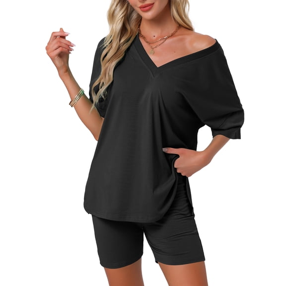 INSPIRE CHIC Women's Mother's Day Pajamas 2 Piece Oversized V Neck Workout Reversible Tracksuit T-Shirts Tops Biker Shorts Lounge Set S Black