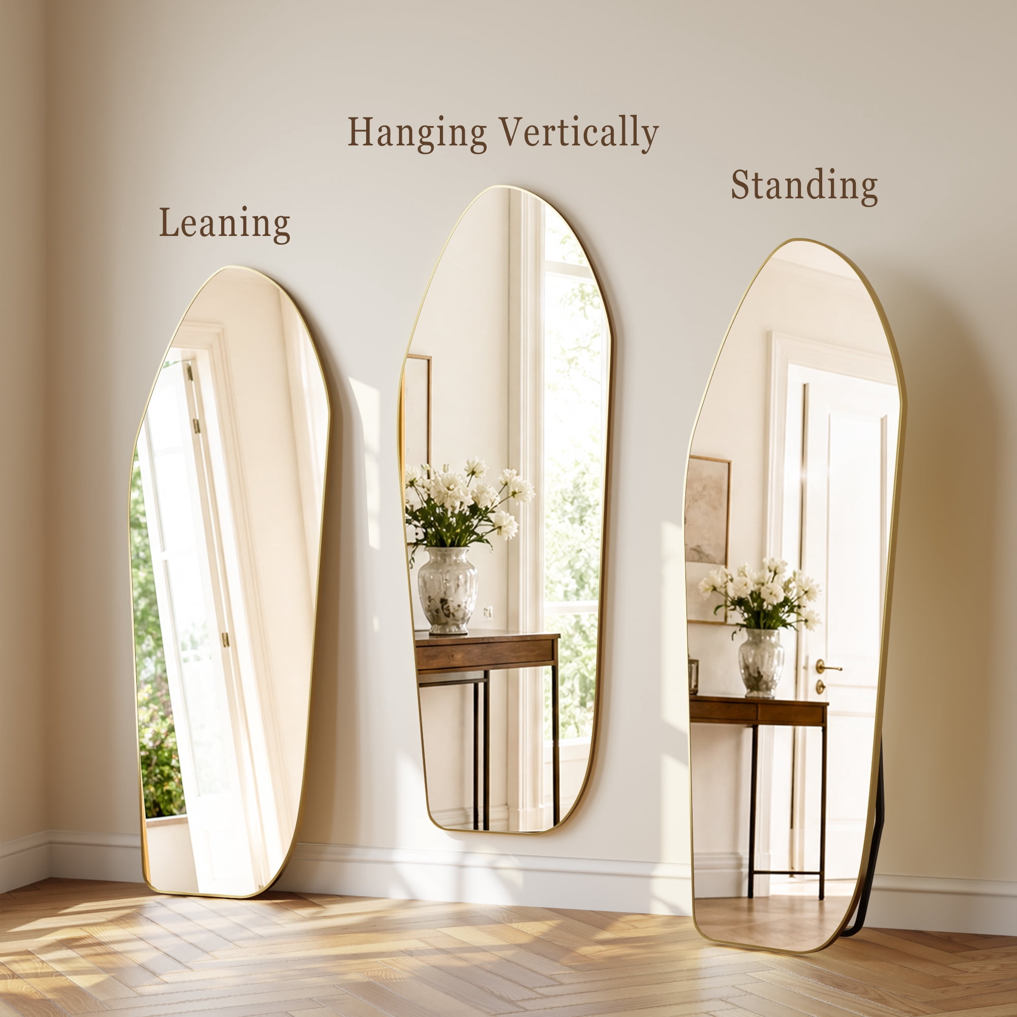 AUROMIR 24"x 67" Full length Irregular Mirror with Alumnium Frame Floor Mirror, Gold