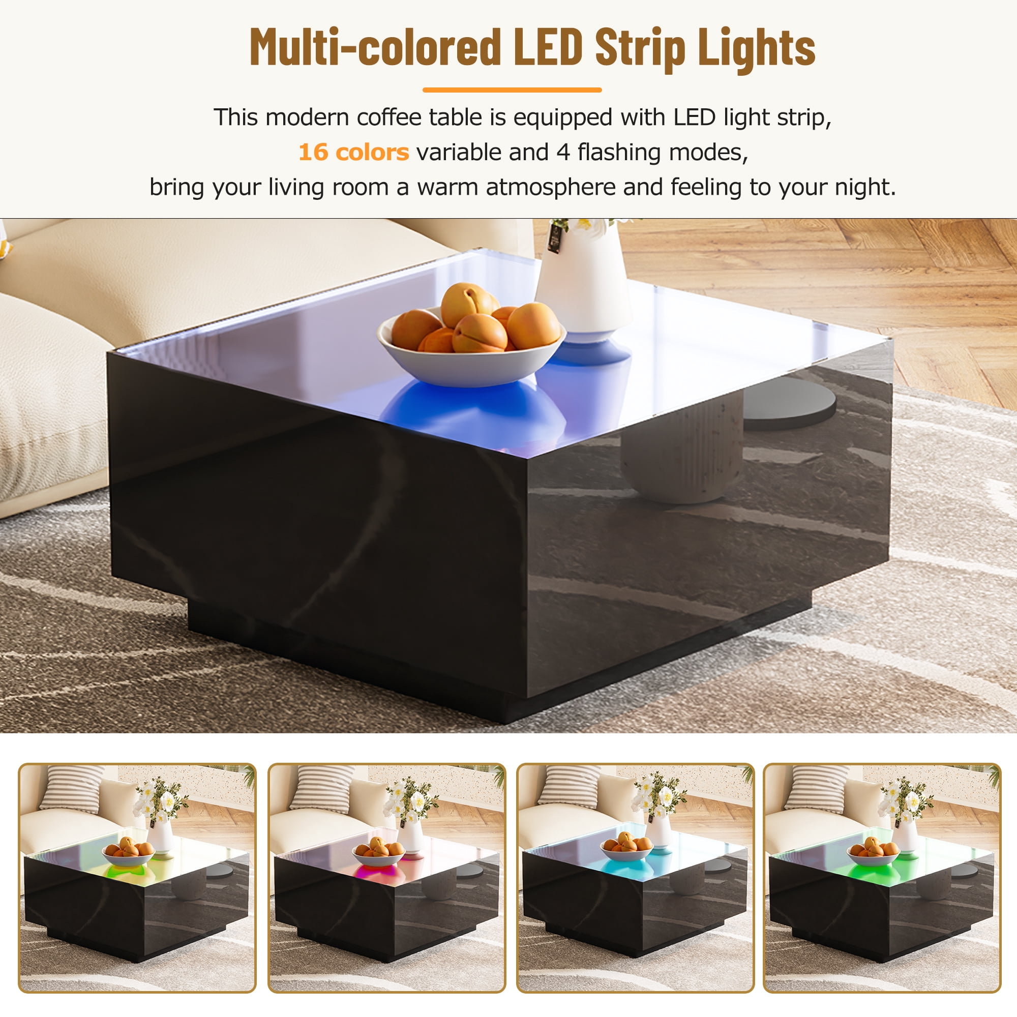 MAYEERTY Square High Glossy Coffee Table with 16-Color LED Strip Lights, Modern Center Table with 5mm Frosted Tempered Glass Top for Living Room, Black, 27.5*27.5in