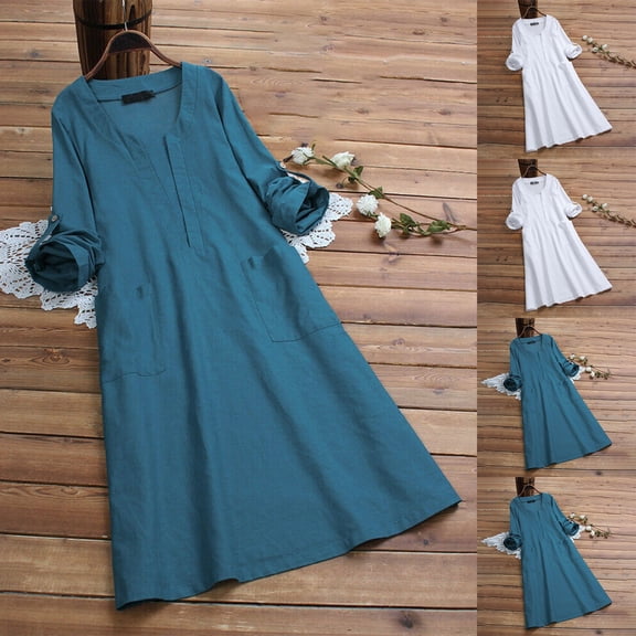 ClodeEU Womens Linen Blend V Neck Long Sleeve A Line Dress,Flowy Midi Dress for Women Beach Vacation Sundress Blue,Womens Plus XXL