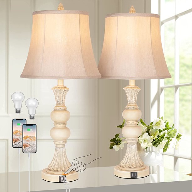 Set of 2 Touch Control Table Lamp, 27" H Rustic Farmhouse Bedside Lamps with 2 USB Charging