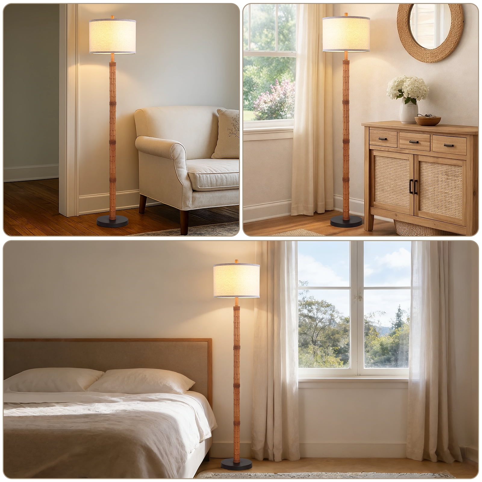 RORIA 63" Bamboo Stripe Floor Lamp, Modern Farmhouse Style Standing Lamp Featuring a Knob Switch and a Linen Shade, Suitable for Living Rooms, Bedrooms, and Offices