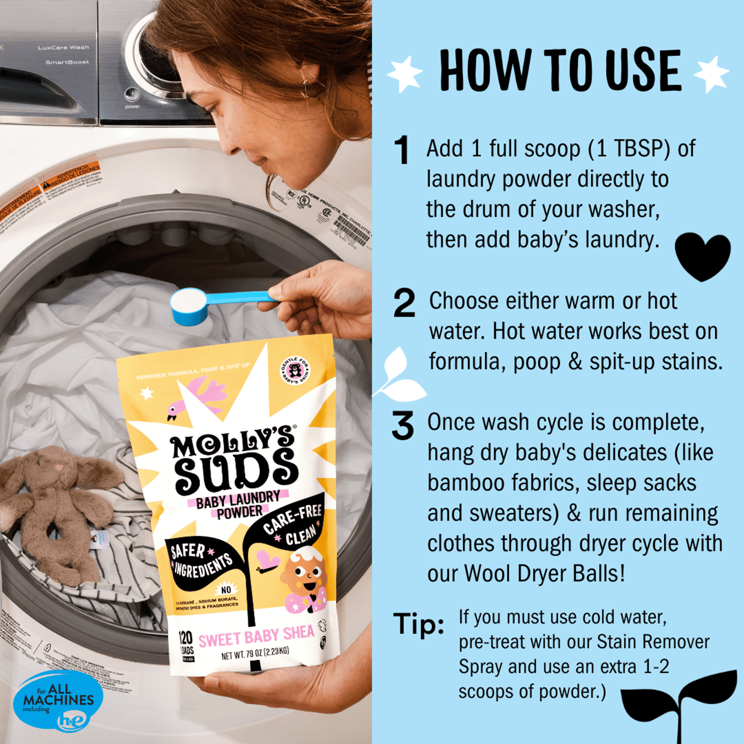 Molly's Suds Baby Laundry Detergent Powder, Removes Formula, Poop & Spit-Up Stains, Extra Gentle for Newborns, 64 Loads (Fragrance Free)