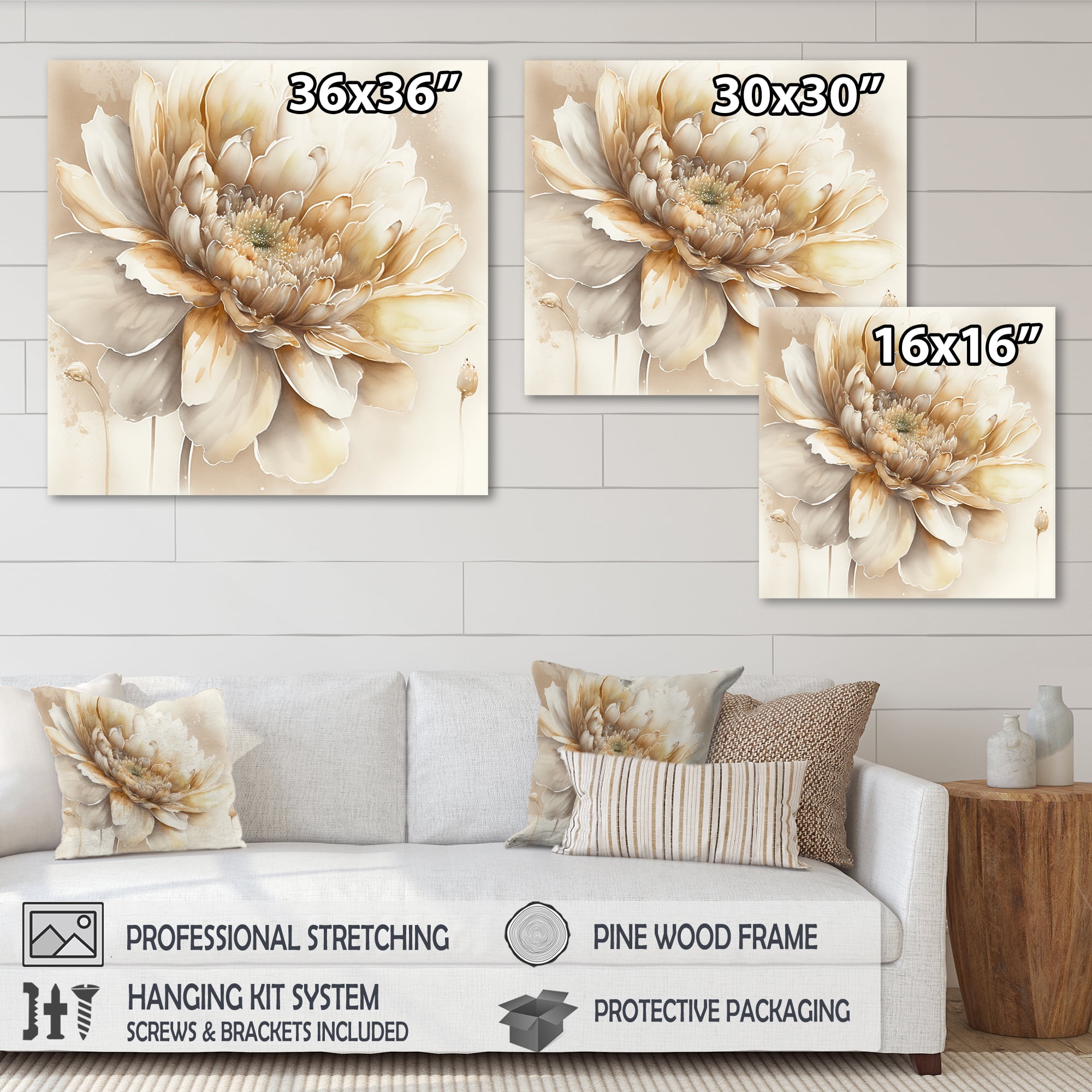 Designart Single Beige Flower V Canvas Wall Art