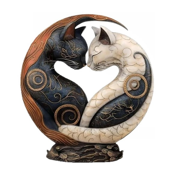 Resin Cats Statue Sculpture Black and Yin Yangs Art Desk Decors Tabletop Ornament for Home Office Decorations