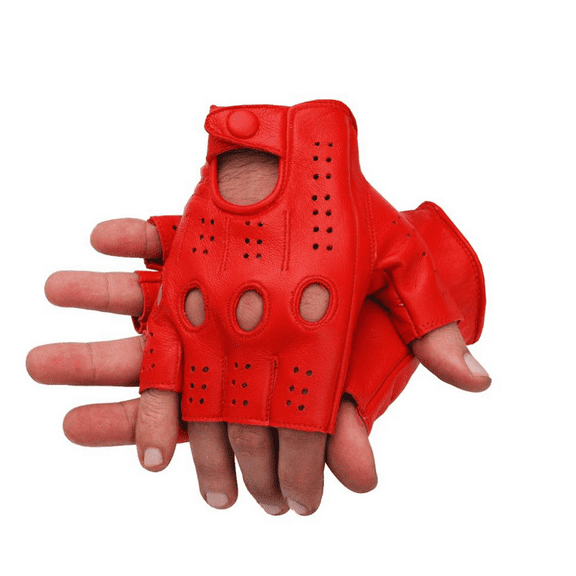Driving Half Finger Finger less Knuckle Holes For Men Genuine Motorcycle Leather Gloves Red M