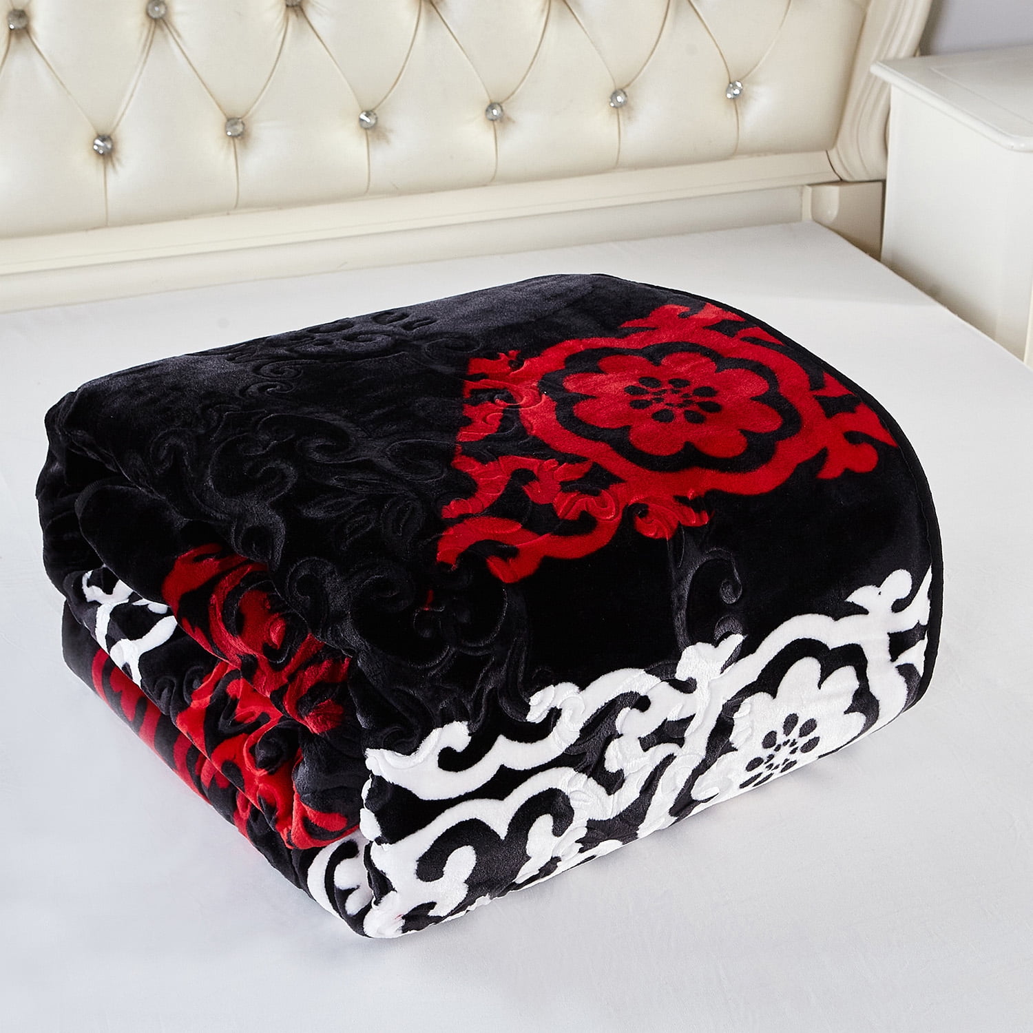 Heavy Thick Fleece Blanket King Size, 9lbs,1 Ply Silky Soft Warm Flower Embossed Raschel Winter Blanket, Minky Soft Plush Blanket for Sofa Bed, 85"x95", Black & Red