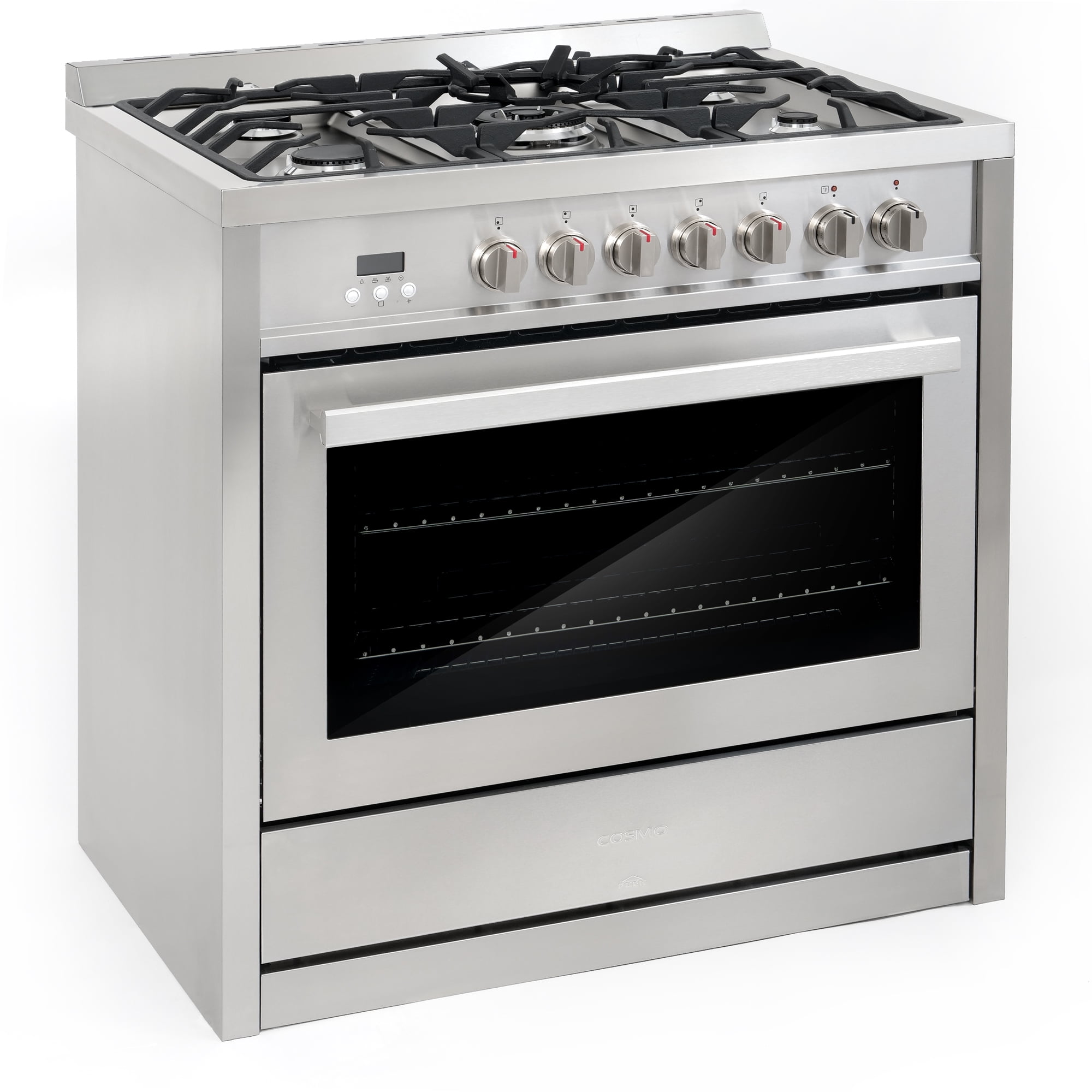 Cosmo 5 Piece Kitchen Appliance Packages with 36" 220/240V Dual Fuel Range 36" Under Cabinet Range Hood 24" Built-in Fully Integrated Dishwasher French Door Refrigerator & 48 Bottle Wine Refrigerator