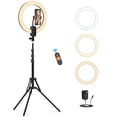 thumbnail image 1 of Anillo de luz para selfie de 12 pulgadas con trípode de 63 pulgadas/soporte para teléfono, QEUOOIY 20 W LED círculo luces regulables 3000-6500 K con control remoto y batería recargable incorporada par, 1 of 5