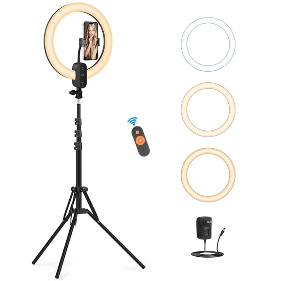 Anillo de luz para selfie de 12 pulgadas con trípode de 63 pulgadas/soporte para teléfono, QEUOOIY 20 W LED círculo luces regulables 3000-6500 K con control remoto y batería recargable incorporada par