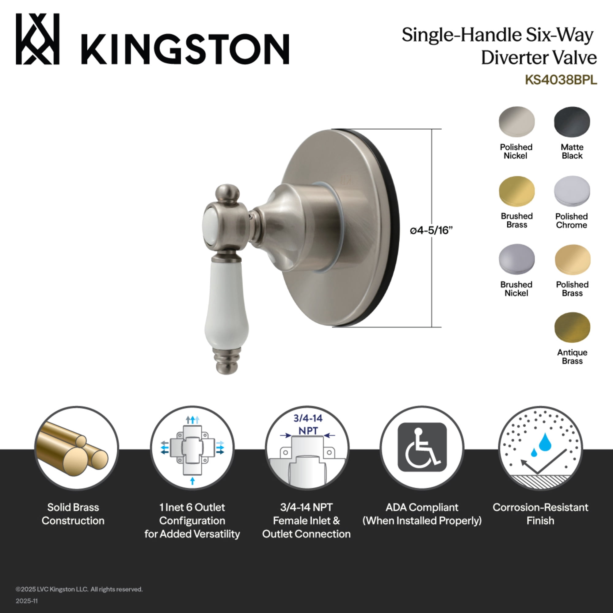 Kingston Brass KS4031BPL Bel-Air Single-Handle Six-Way Diverter Valve with Round Trim Kit in Polished Chrome