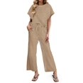 thumbnail image 3 of Womens Striped 2 Piece Set Short Sleeve T Shirts Wide Leg Pants Matching Lounge Sets with Pockets Dark Brown S, 3 of 8