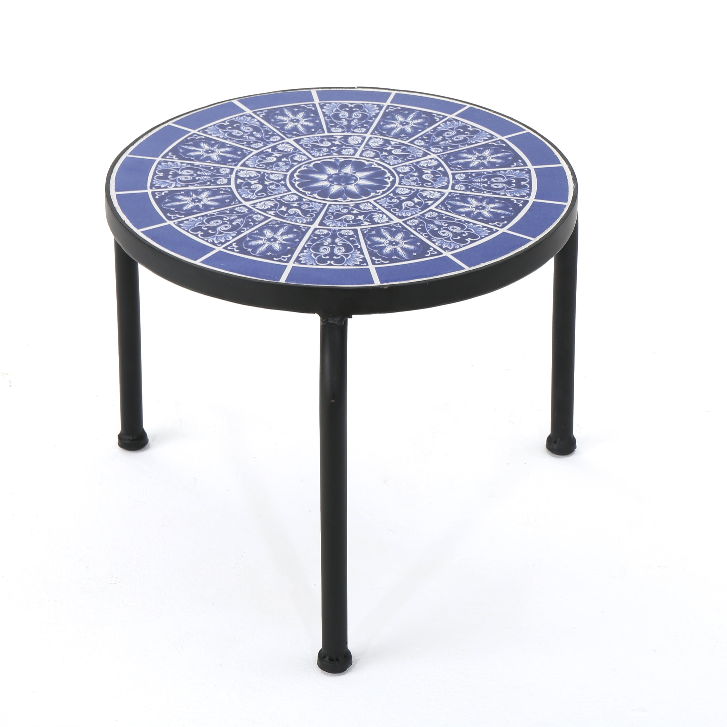 Soleil Outdoor Ceramic Tile Side Table with Iron Frame, Blue and White