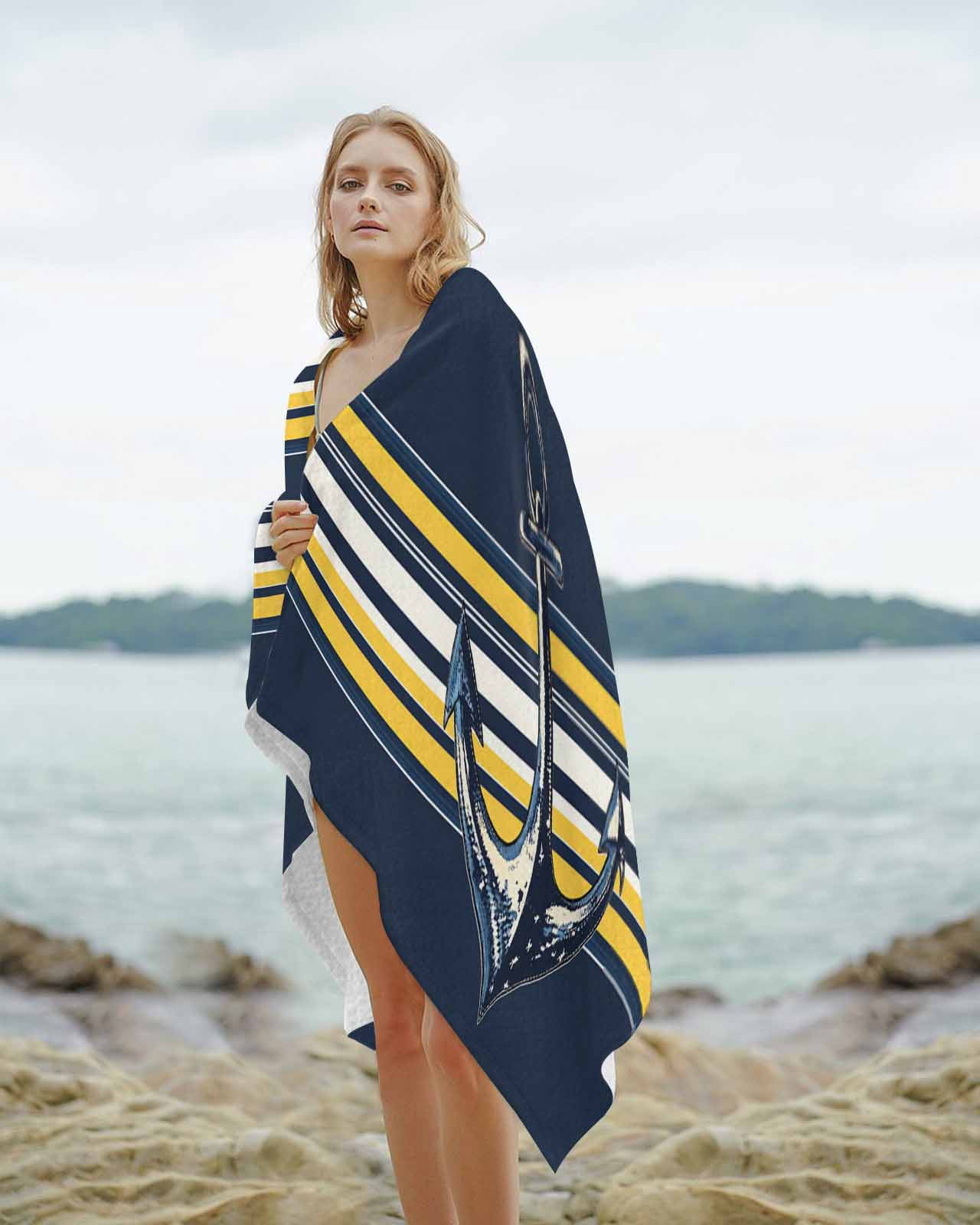 Nautical Anchor Beach Towels Oversized Super Absorbent, Navy Blue Yellow Striped Farmhouse Ombre Lightweight Bath Towel Quick Dry Sets For Bathroom/Pool/Rv Camping/Beach Play/Gym Room/Picnic 23"x47"