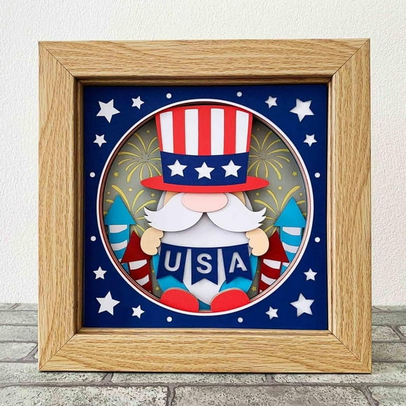 Home Decor Clearance 4th Of July Gnome 3D Shadow Box Patriotic Gnome Silhouette Frame Display Case Independence Day Gnome Photos Memory Box For Gift Desktop Decoration, Khaki