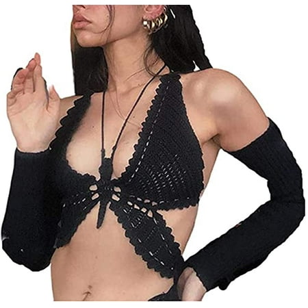 

Women Sexy V Neck Halter Knit Hollow Out Camisole Backless Y2K Crop Tops Embroidery Crochet Bralette Bra Vest Cami Tank