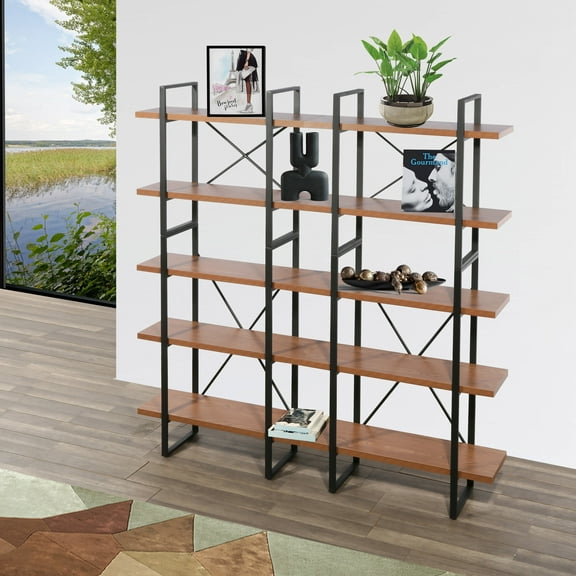 Davee Large 5-tier Walnut Color bookshelves-70.85"W*71"H